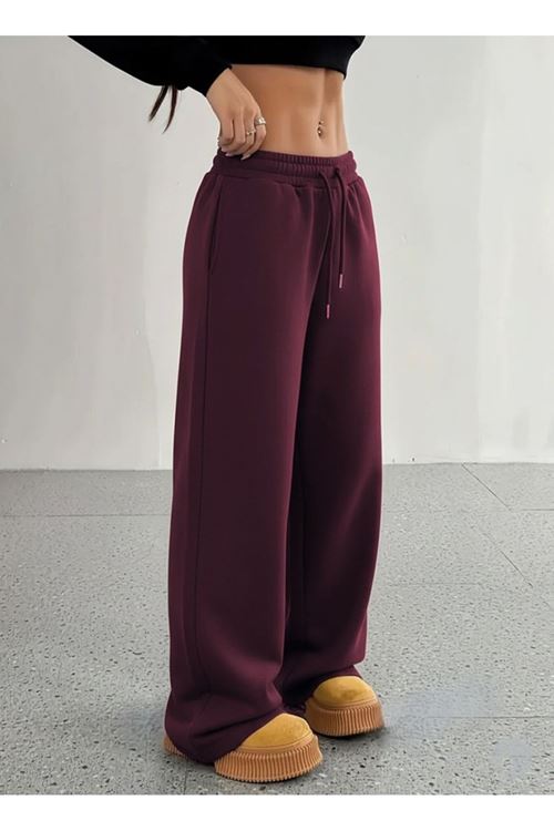 Kadın Yüksek Bel Lastikli Bağcıklı Geniş Kesim Dalgıç Mürdüm Pantolon