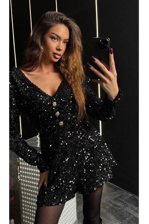 Kadın Uzun Kollu V Yaka Düğme Detay Ful Pul Payet Elbise