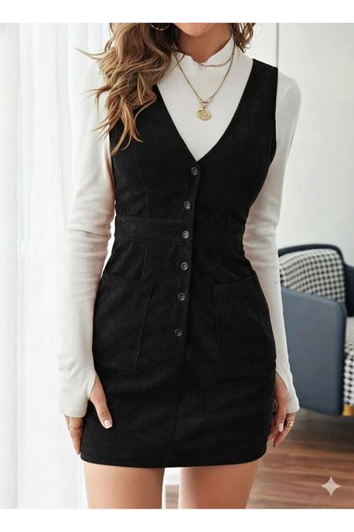 Kadın Askılı V Yakalı önden Düğmeli Mini Kalın Fitilli Kadife Elbise