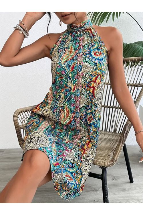 Kadın Sıfır Kol Boyundan Askılı Desenli Midi Süprem Elbise