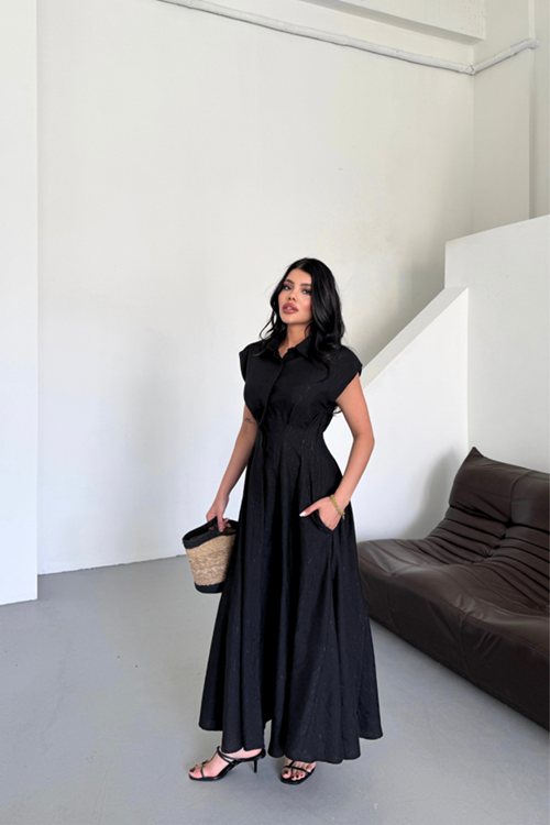 JAKARLI KETEN ELBİSE ÖNDEN YIRTMAÇLI CEPLİ - Siyah