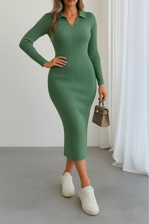 Kadın Uzun Kollu Yakalı Triko Elbise