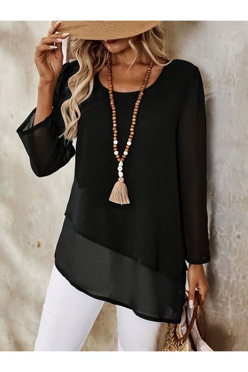 Kadın Uzun Kollu Yuvarlak Asimetrik Detaylı şifon Bluz
