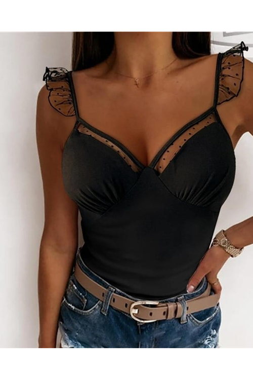 Kadın Askılar Tül Işlemeli Kalp Yaka Tül Detay Dalgıç Bluz