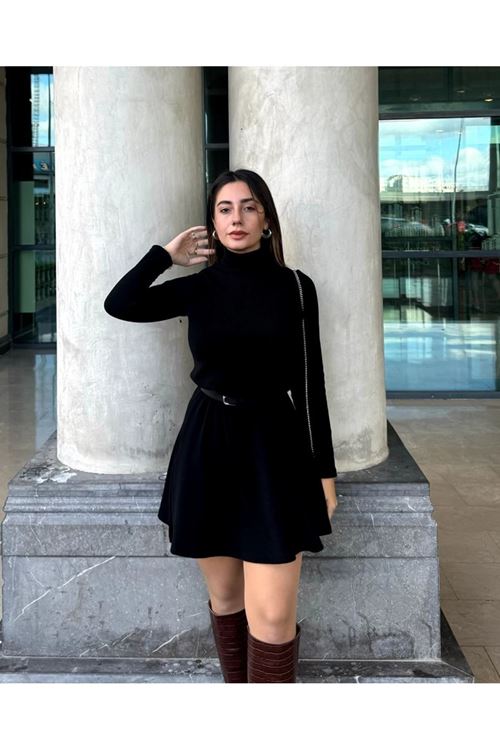 Kadın Uzun Kollu Balıkçı Yaka Salaş Kusa Akrilik Elbise