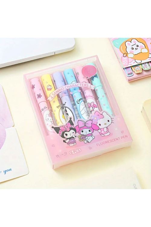 6'lı Fosforlu Kalem Seti - Sanrio Karakterleri, Kuromi, Hello Kitty