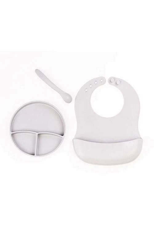 Gri 3’lü Silikon Yemek Seti – Önlük + Diş Kaşıyıcılı Kaşık + Vakumlu Tabak