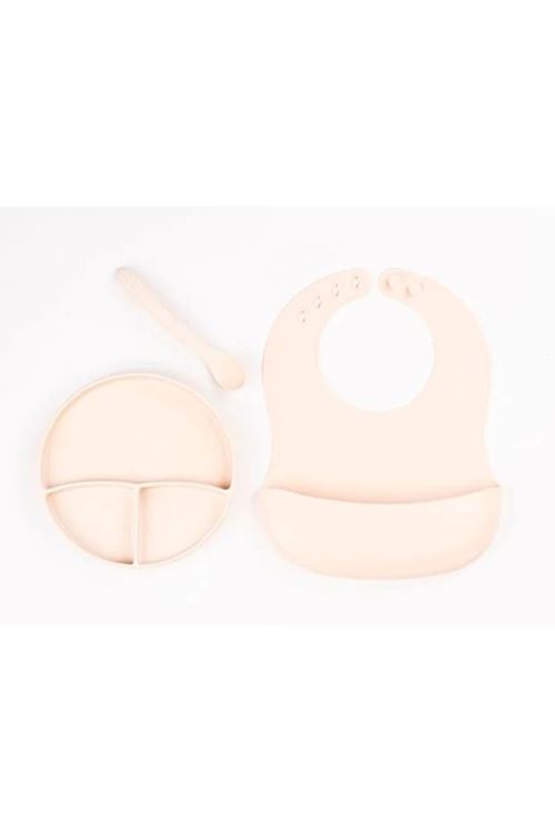 Krem Rengi 3’lü Silikon Yemek Seti – Önlük + Diş Kaşıyıcılı Kaşık + Vakumlu Tabak