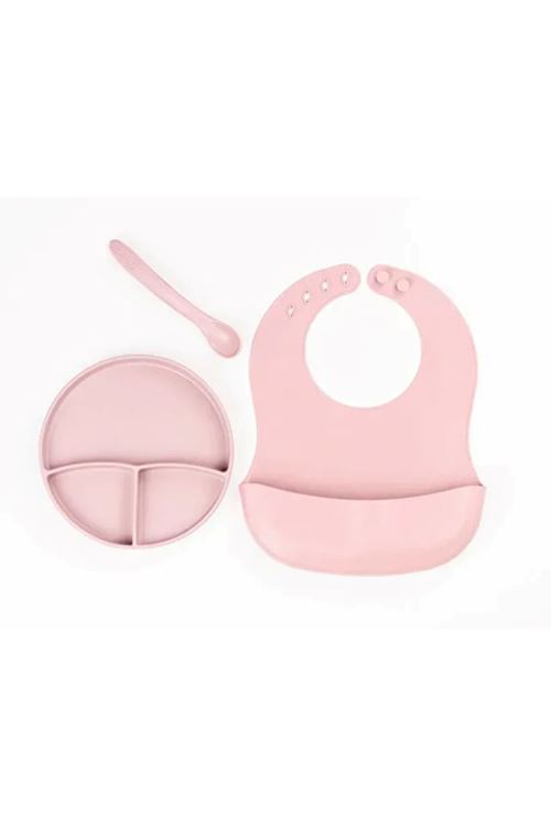 Pembe 3’lü Silikon Yemek Seti – Önlük + Diş Kaşıyıcılı Kaşık + Vakumlu Tabak