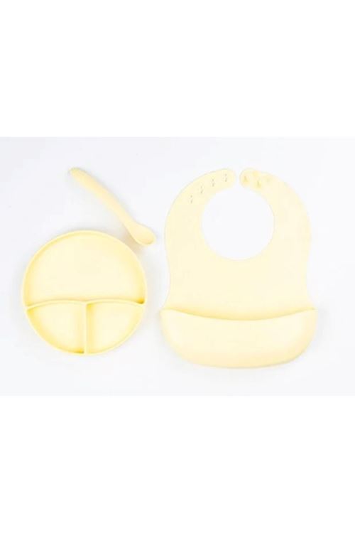 Sarı 3’lü Silikon Yemek Seti – Önlük + Diş Kaşıyıcılı Kaşık + Vakumlu Tabak