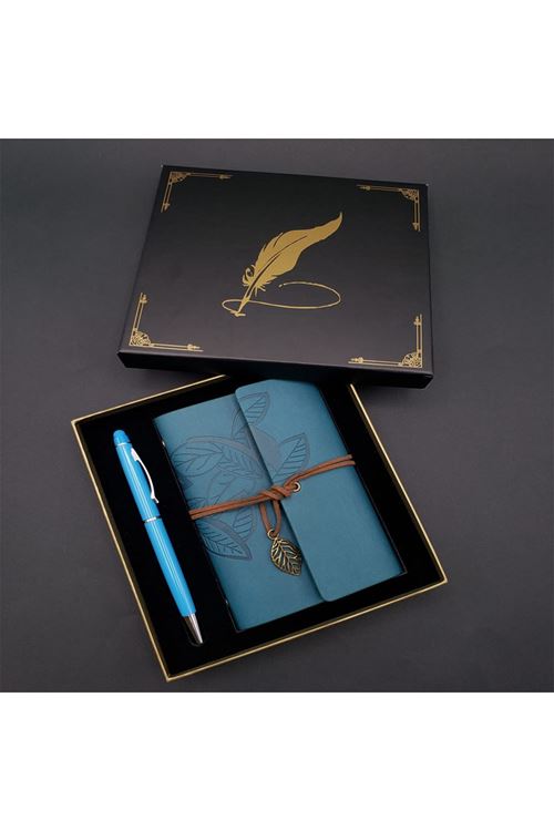 Siyah Kutulu Yaprak Desenli Mavi Deri Defter Ve Kalem Seti
