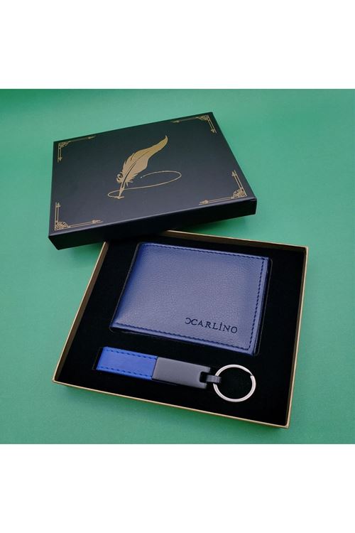 Kutulu Mavi Deri Cüzdan Ve Anahtarlık Seti