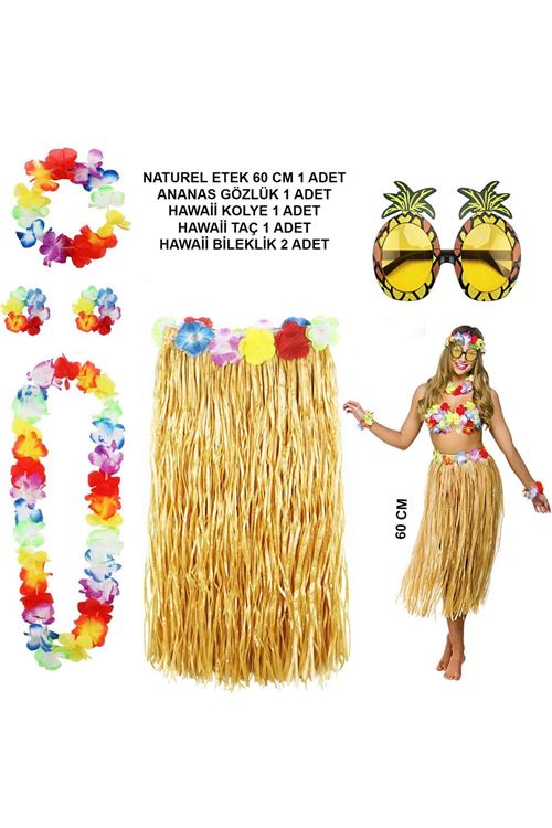 Hawaii Parti Kostüm Seti - 60 cm Hasır Etek, Çiçekli Aksesuarlar ve Ananas Gözlük