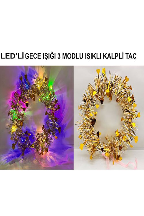 Kalp Püsküllü 3 Modlu LED Işıklı Taç Altın Renk