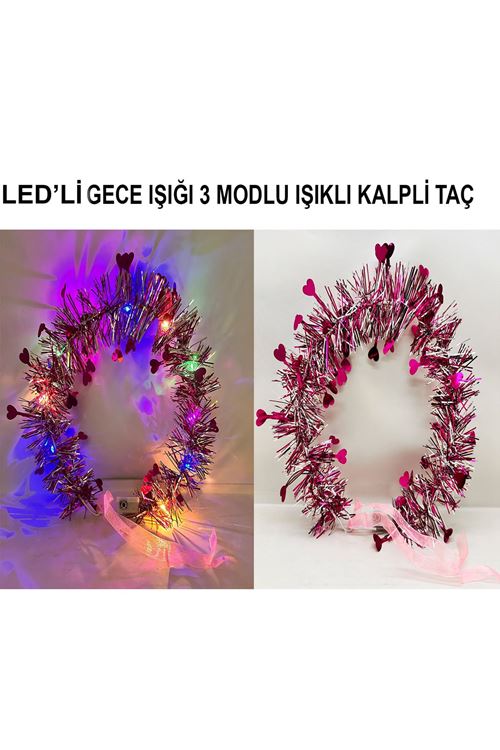Kalp Püsküllü 3 Modlu LED Işıklı Taç Fuşya Renk