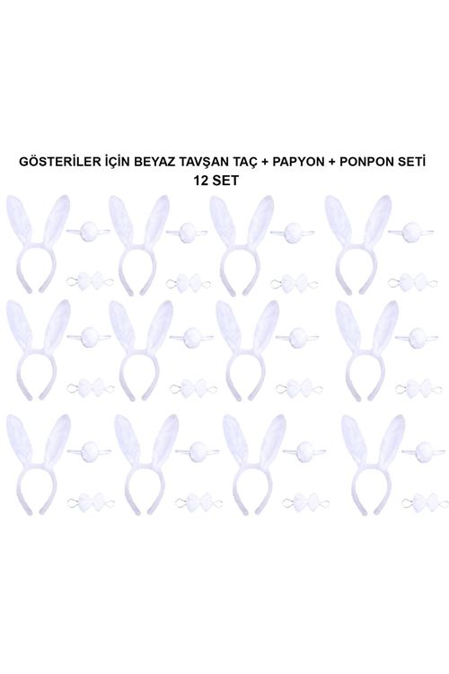 Beyaz Tavşan Kostüm Seti – Taç, Papyon, Kuyruk (12’li Paket)