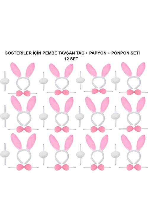 Pembe Tavşan Kostüm Seti – Taç, Papyon, Ponpon (12’li Paket)