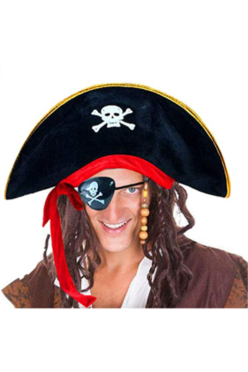 Yetişkin Boy Kadife Kaptan Jack Sparrow Korsan Şapkası ve Plastik Korsan Göz Maskesi