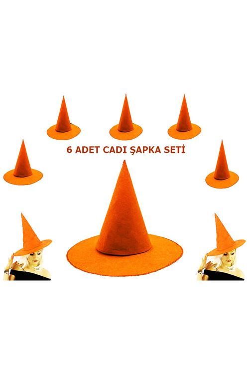 Turuncu Renk Keçe Cadı Şapkası 6 Adet