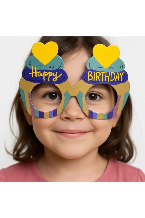 Cupcake Temalı Doğum Günü Renkli Karton Happy Birthday Gözlüğü 6 Adet