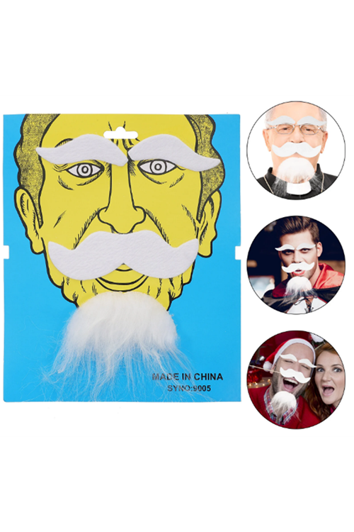 Beyaz Renk Kendinden Yapışkanlı Takma Sakal Bıyık ve Kaş Seti