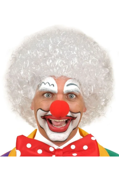 Beyaz Kıvırcık Afro Peruk ve Kırmızı Sünger Burun Seti