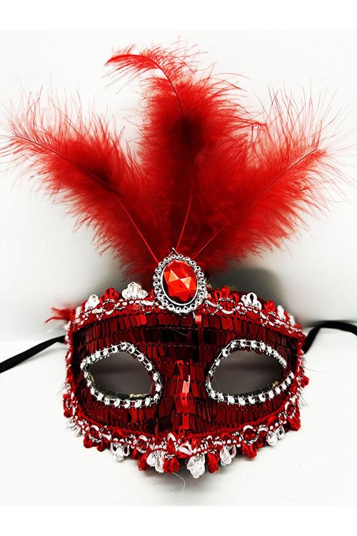 Kırmızı Payetli Pullu Tüylü Parti Maskesi