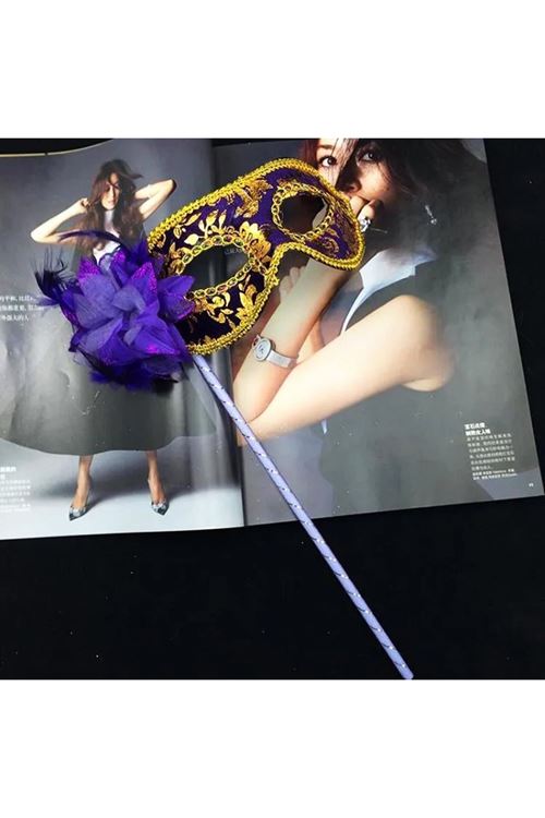 Lüks Taşlı Saplı Balo Maskesi Mor Renk