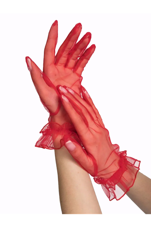 Kısa Boy Likralı Güpürlü Yetişkin Tül Eldiven Kırmızı Renk