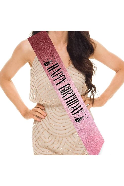 Pembe Siyah Happy Birthday Simli Kuşak Kemer