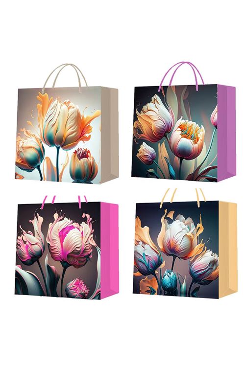 Küçük Boy Lale Desenli Karton Hediye Çantası