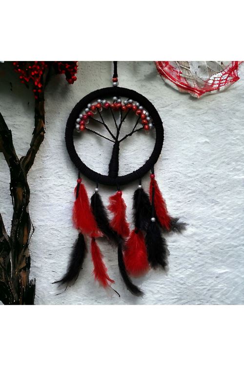 Siyah Kırmızı Hayat Ağacı Dream Catcher