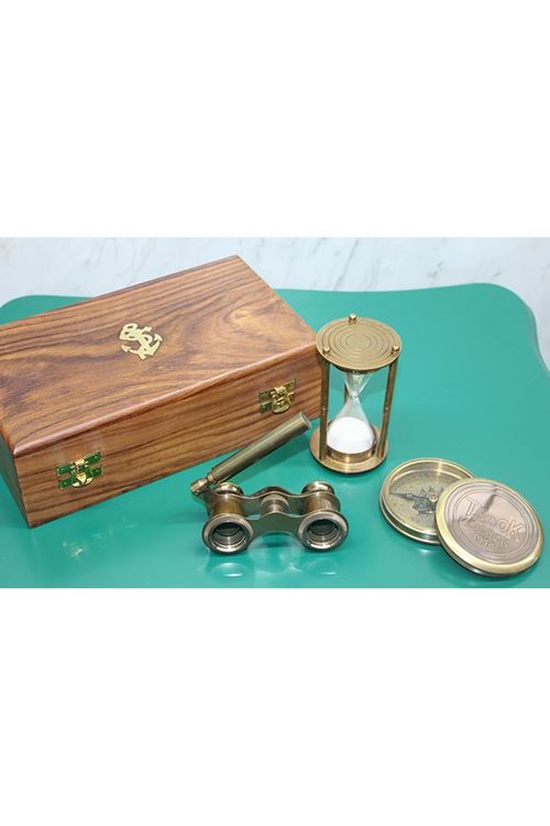 Ahşap Kutulu Pirinç Pusula, Kum Saati, Dürbün Seti