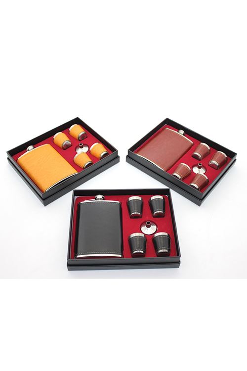 Paslanmaz Çelik 4 Shot Bardaklı Derili Matara Seti Model 1