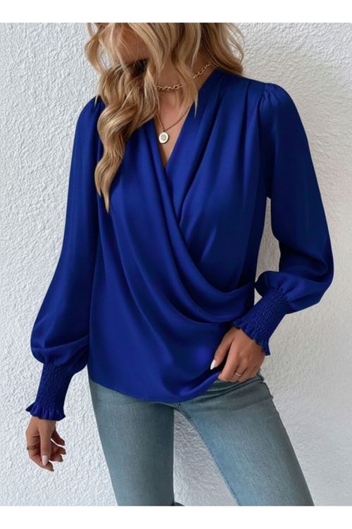 Kadın Uzun Kollu Dökümlü Kruvaze Yaka Kol Ucu Gipeli Sandy Lacivert Bluz