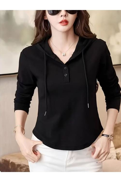 Kadın Uzun Kollu Kapşonlu Bağcıklı Düğmeli Viskon Iki Iplik Bluz