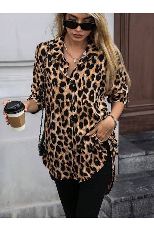 Kadın Uzun Kollu Yakalı önden Düğmeli Yandan Bağcıklı Leopar Desenli Modal Bluz
