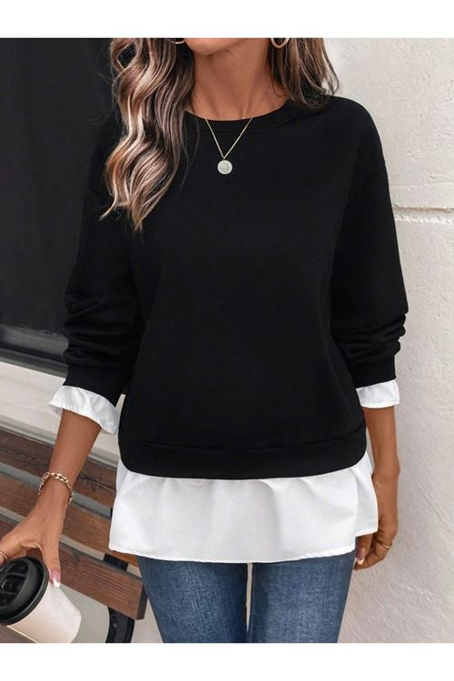 Kadın Uzun Kollu Bisiklet Yaka Viskon Iki Iplik Ve Etek Ucu Trikoton Bluz
