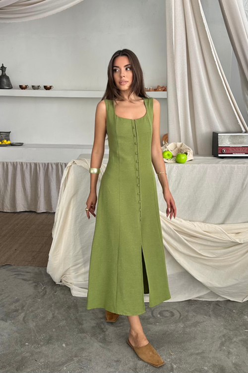 KETEN KOLSUZ KARE YAKA DÜĞME DETAYLI ELBİSE - Yağ Yeşili