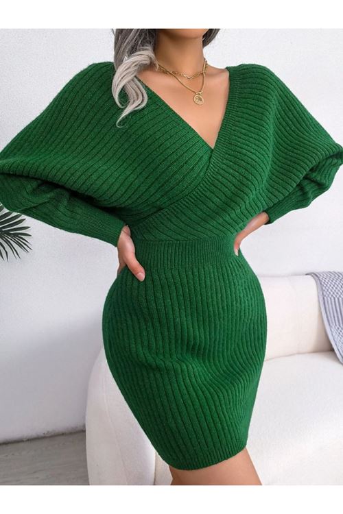 Kadın Uzun Kollu Kruvaze Geniş Yakalı Mini Triko Elbise