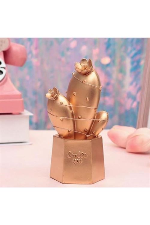Tbl Dekor® Led Işıklı Sevimli Kaktüs Dekoratif Masa Lambası Mini Biblo Gece Lambası Gold