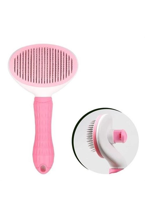 Tbl Dekor® Kedi Köpek Tüy Toplayıcı Kendini Temizleyebilen Ergonomik Saplı Evcil Hayvan Tarağı Pembe