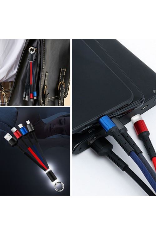Tbl Dekor® Işıklı Anahtarlık Model 3 in 1 USB Çıkışlı MİKRO,TYPE-C ve İphone Uyumlu Şarj Kablosu