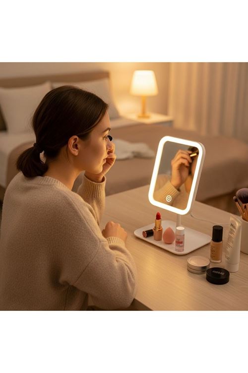 Tbl Dekor® Dokunmatik LED Işıklı Kare Makyaj Aynası – Altı Organizer Kaseli, Ayarlanabilir Aydınlatmalı Masaüstü Makyaj ve Cilt Bakım Aynası
