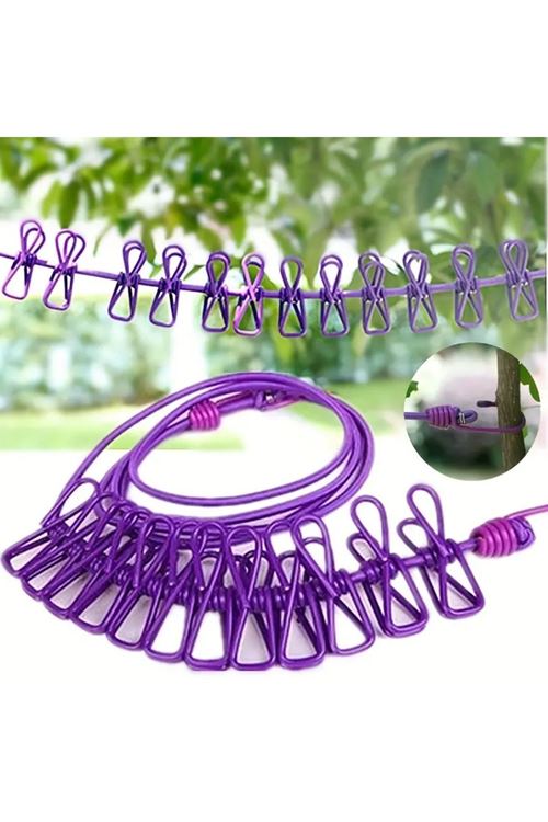 Tbl Dekor® Taşınabilir Seyahat Çamaşır İpi 12 Mandallı Klipsli Lastikli Çamaşır Mandalları