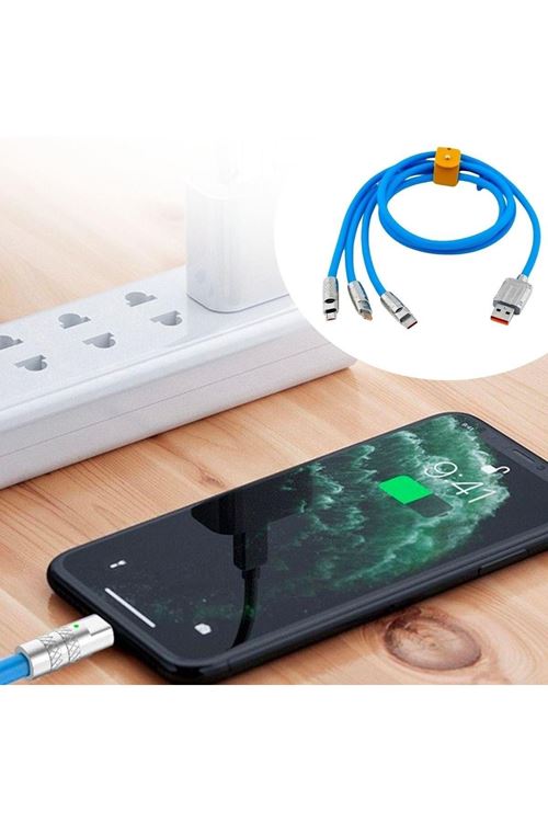Tbl Dekor®Kutulu  3 Şarj Aleti 1 Arada Çinko Alaşım Hızlı Şarj Kablosu Mavi 3 in 1