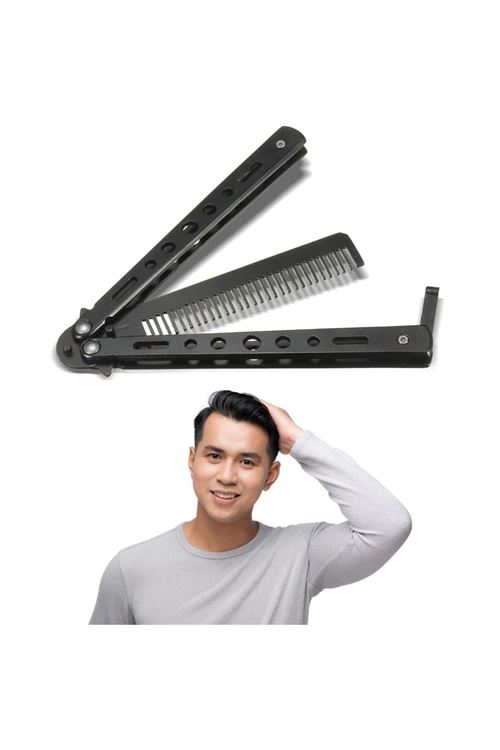 Tbl Dekor® Siyah Katlanabilir Paslanmaz Çelik Kelebek Bıçak Tarak Sakal Bıyık Fırçası Profesyonel Saç Kesimi İçin Tarak