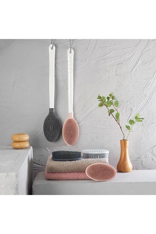 Tbl Dekor® Silikon Masajlı Uzun Saplı Vücut Masaj Fırçası Banyo Sırt Kesesi Saplı Yumuşak Fırça