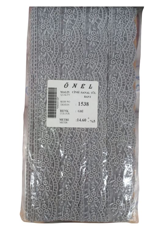 Dantel Polyester Sanal Tül Bant Gri 14,60 Metre En 3 cm ON-1538-G