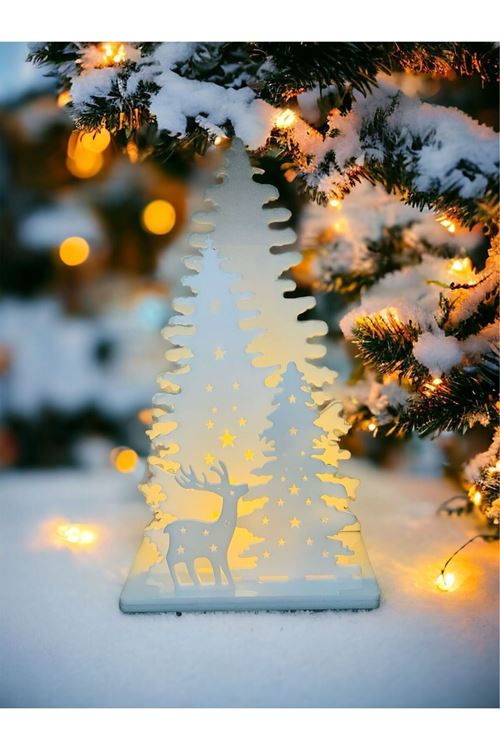 Işıklı Beyaz Yılbaşı Ağacı Geyikli Pleksi Masa Dekorasyonu Noel Süsü 20 Cm